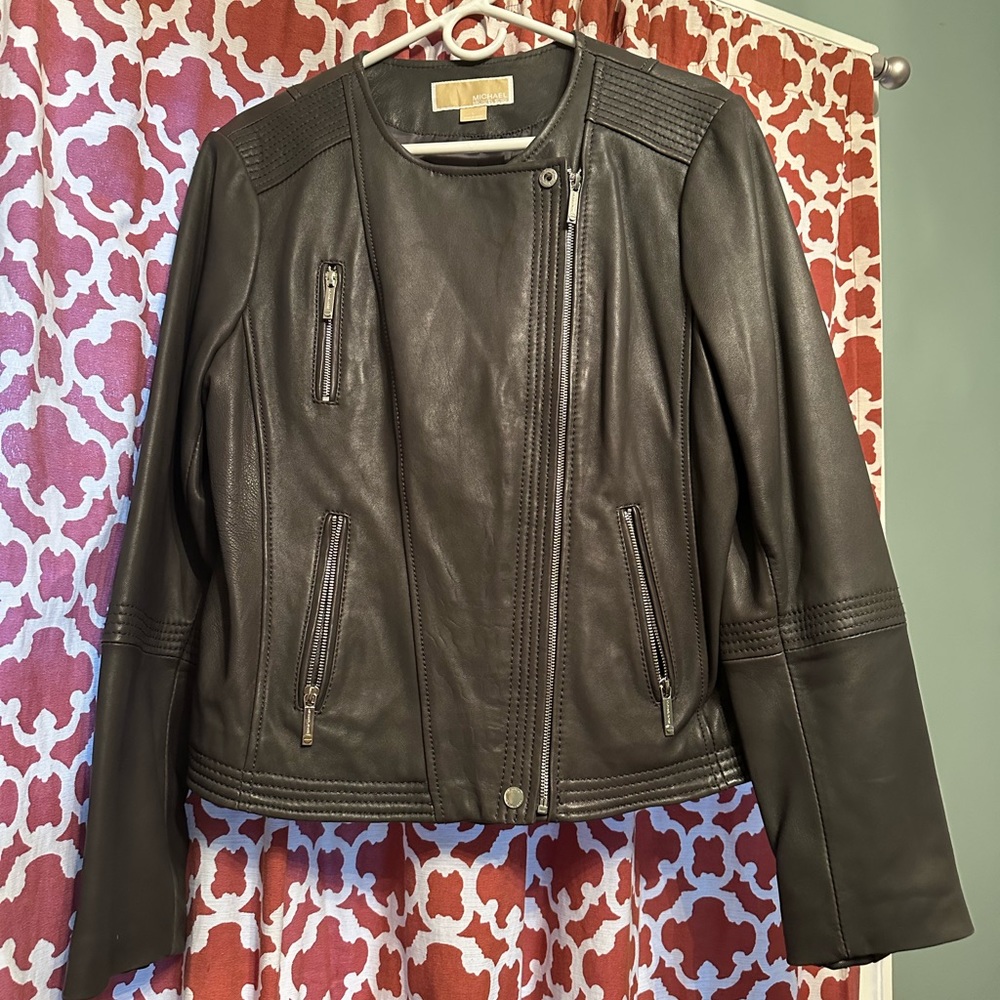 MICHAEL Michael Kors Women's Moto Leather Jacket- grey- size large